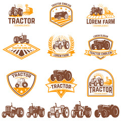 Set of tractor emblems. Farmers market. Design element for logo, label, sign. © liubov
