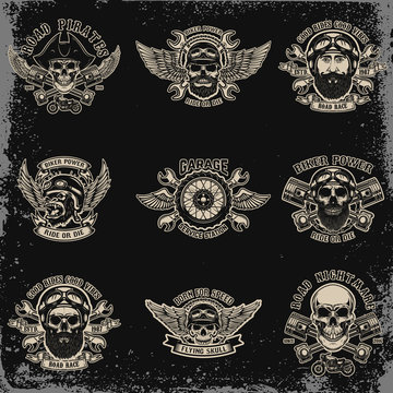 Set of biker emblems. Racer skull with crossed pistons. Extreme motorsport. Design elements for logo, label, emblem, sign.