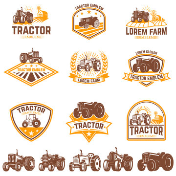 Set of tractor emblems. Farmers market. Design element for logo, label, sign.