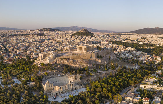 Aerial view of Athens at sunset with Acropolis in the foreground