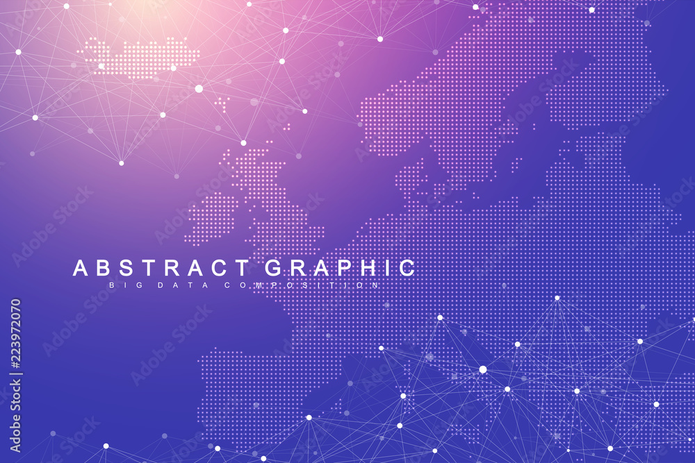 Poster Geometric graphic background communication with Europe Map. Big data complex with compounds. Perspective backdrop. Minimal array. Digital data visualization. Scientific cybernetic vector illustration.