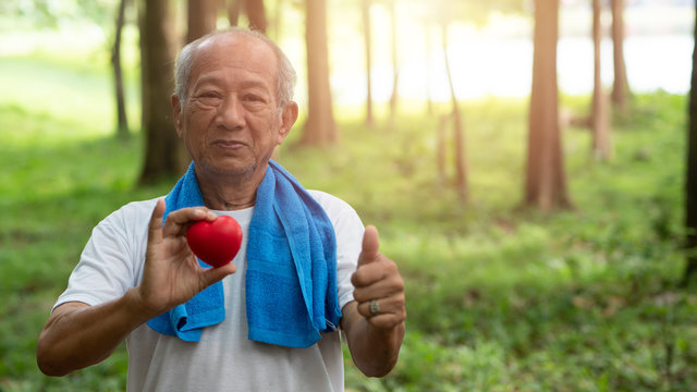 Male Senior Holding Red Heart And Happy Smile. Health Care, Healthy With Exercise And Healthy Good Start, Insurance, World Heart Day