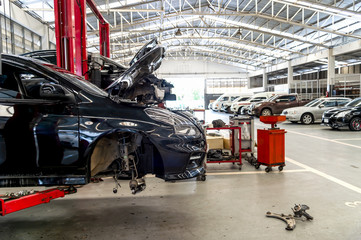 car repair station with soft-focus and over light in the background