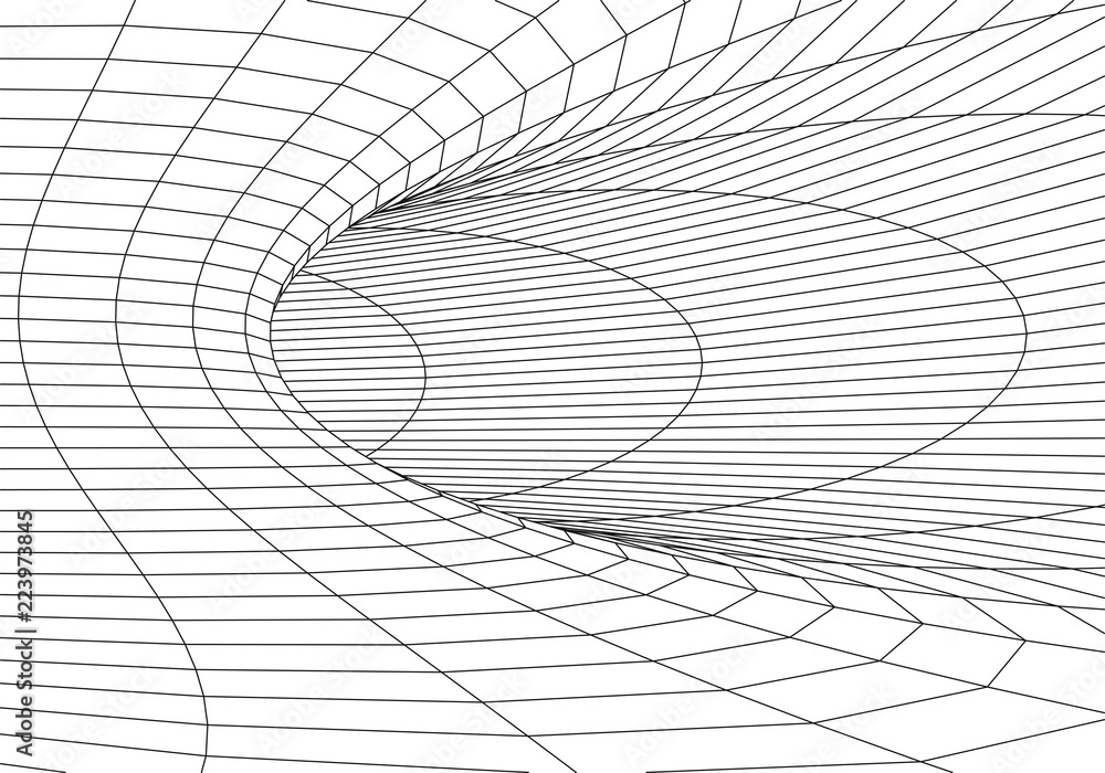 Poster tunnel or wormhole. digital 3d wireframe tunnel. 3d tunnel grid. network cyber technology. surrealis