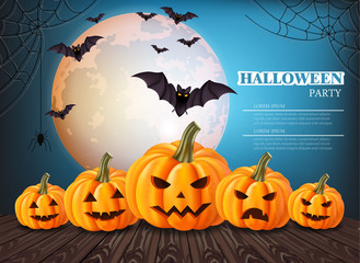 Pumpkins Vector halloween card. Full moon on background. Holiday Sales poster templates