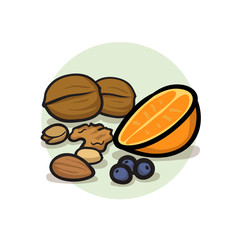 Healthy high fibre diet food concept berries, fruits, vegetables, nuts and seeds. Super foods high in antioxidants and vitamins. Colorful flat vector illustration. Isolated on white background.