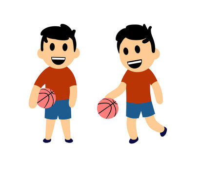 Funny cartoon boy playing basketball. Set of two characters. Colorful flat vector illustration. Isolated on white background.
