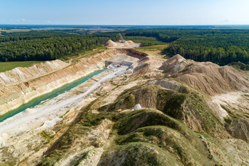 Quarry for the extraction of chalk. Extraction of minerals by the open method. Aerial view