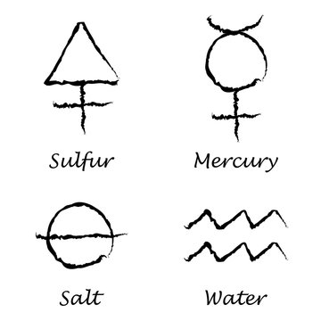 Alchemical Signs: Sulfur, Mercury, Salt and Water. Vector illustration