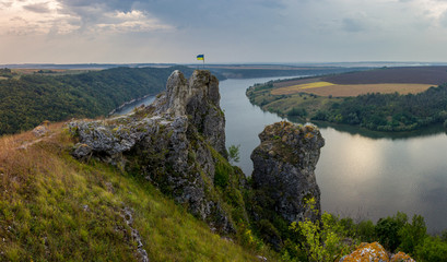 Scenic panorama view from the hill to the reservoir on the Dniester river, Ukraine.