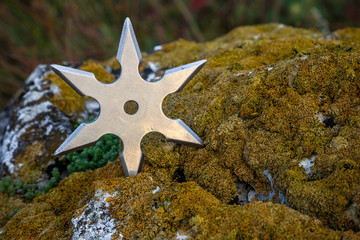 Shuriken (throwing star), traditional japanese ninja cold weapon stuck in wooden background