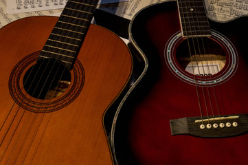 Obraz premium Two guitars one acoustic and another spanish.