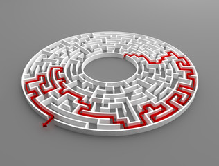 3d rendering circular maze with solution.