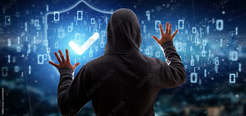 Poster hacker man holding a padlock web security concept 3d rendering