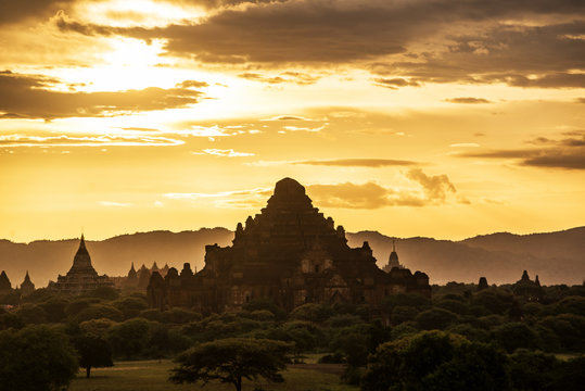 The sunset of Bagan, Myanmar is an ancient city with thousands of historic buddhist temples and stupas.