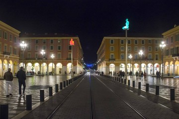 Night view of Place Massena in Nice, France