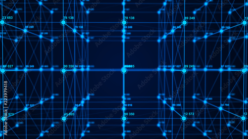Poster Big data visualization. Technology block chain concept. Futuristic infographic. 3D Rendering. Network connection.