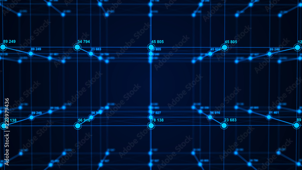 Poster Big data visualization. Technology block chain concept. Futuristic infographic. 3D Rendering. Network connection.