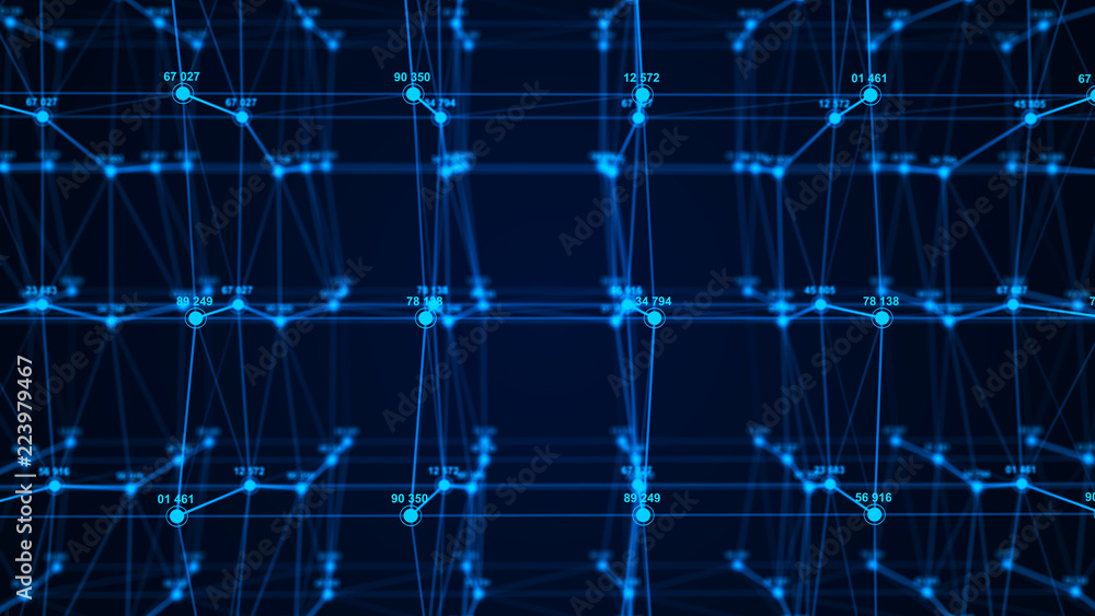 Poster Big data visualization. Technology block chain concept. Futuristic infographic. 3D Rendering. Network connection.