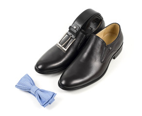 Businessman accessories. Men's style. Men's Accessories : Men's butterfly, Men's shoes on white background. Set groom Butterfly shoes Belts