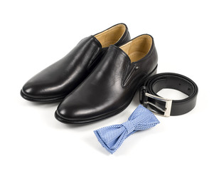 Businessman accessories. Men's style. Men's Accessories : Men's butterfly, Men's shoes on white background. Set groom Butterfly shoes Belts