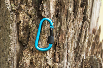 Metal carabine for mountaineering. Photo of colored carabines.