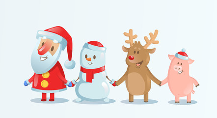 Santa Claus, Snowman, Reindeer and Piggy holding, hands in Christmas snow scene. Happy Christmas companions. Colorful flat vector illustration. Hoizontal.