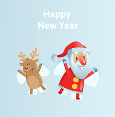 Fototapeta na wymiar Happy Santa Claus and reindeer making a Snow Angel. Colorful flat vector illustration on blue background.