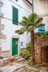 Fototapeta na wymiar Narrow street with stones houses and palm tree in Croatia, Vrbnik on Krk Island
