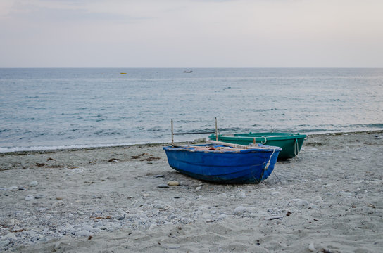 Leptokarya, Greece - June 09, 2018: Drawn boats on the coast