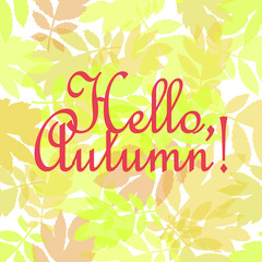 Pattern of autumn yellow transparent leaves on a white background with an inscription.