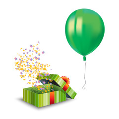 Realistic air flying green balloon with reflects and a gift box isolated on white background. Festive decor element for any holiday. Vector illustration.