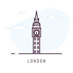 London city line style illustration. Big Ben famous tower is London. Outline building vector illustration. Sky with clouds on background.