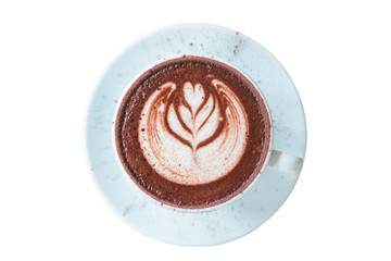 Close up latte art coffee isolated on white background, selective focus