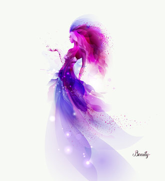 Purple decorative composition with girl on the white background. Magenta particles and shapes formed abstract woman figure.