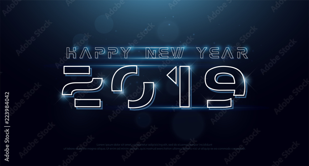 Aufkleber happy new year 2019 technology neon line stroke font and alphabet with bokeh on abstract background.
