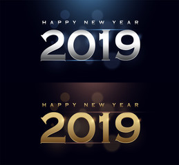 2019 Happy New Year with golden and silver typography logo with bokeh on dark abstract background. Premium logo for flyers or greetings card. vector illustration