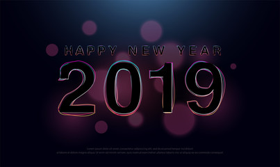 2019 Happy New Year Glitch Modern Style. Typography Colorful logo with bokeh on dark abstract background. 2019 logo for flyers or greetings card. vector illustration