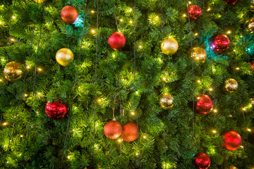 Fototapeta na wymiar Christmas tree ornaments with colored balls background for festive design season.