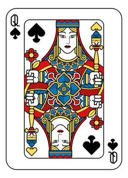 A playing card Queen of Spades in yellow, red, blue and black from a new modern original complete full deck design. Standard poker size.