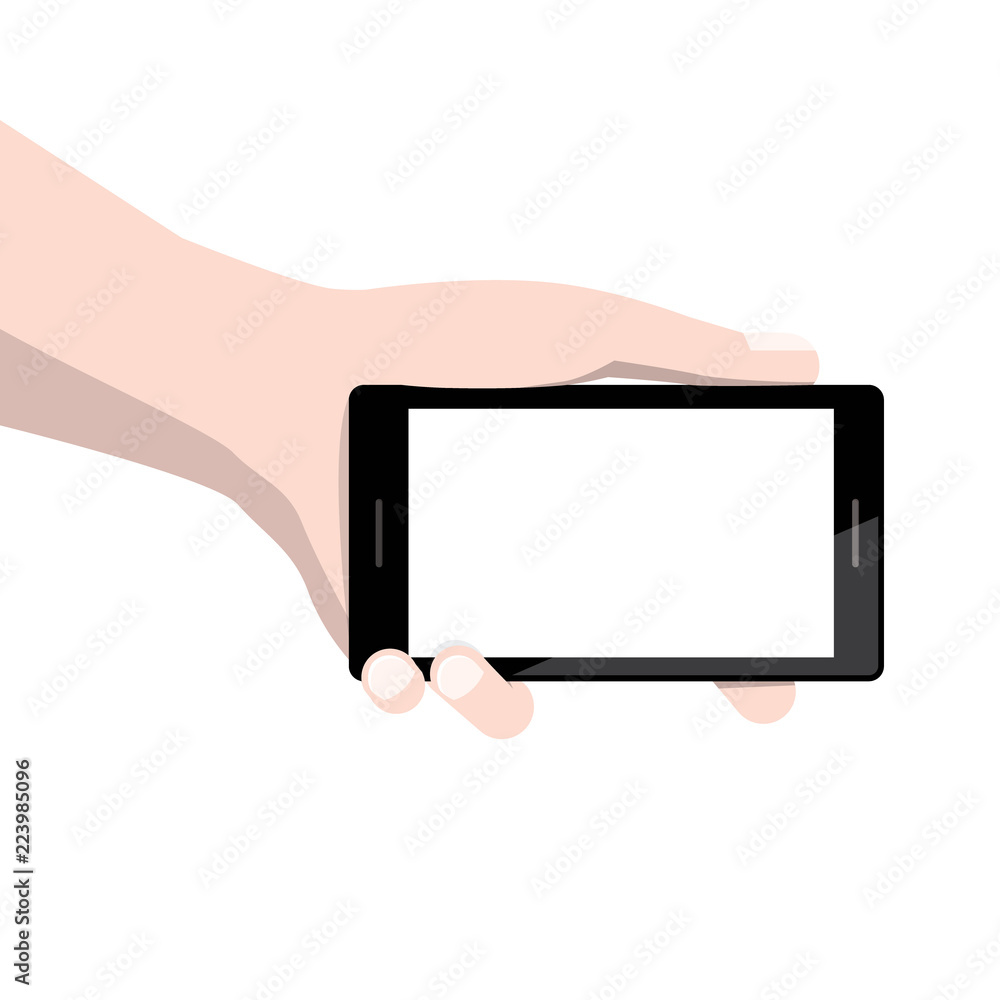 Poster smart phone with empty display screen in human hand isolated on white background vector illustration