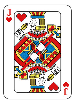 A playing card Jack of hearts in yellow, red, blue and black from a new modern original complete full deck design. Standard poker size.