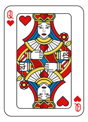 A playing card Queen of hearts in yellow, red, blue and black from a new modern original complete full deck design. Standard poker size.