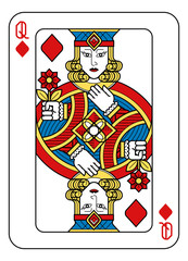 A playing card Queen of Diamonds in yellow, red, blue and black from a new modern original complete full deck design. Standard poker size.