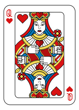 A playing card Queen of hearts in yellow, red, blue and black from a new modern original complete full deck design. Standard poker size.