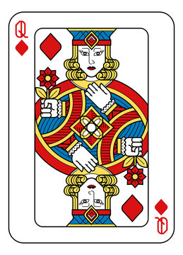 A playing card Queen of Diamonds in yellow, red, blue and black from a new modern original complete full deck design. Standard poker size.