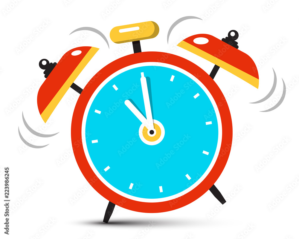 Poster ringing alarm clock icon with five minutes to twelve o'clock