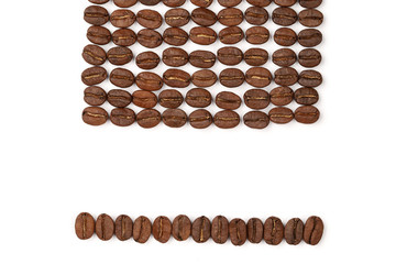 Geometric roasted coffee beans pattern on white background. Top view with space for your text