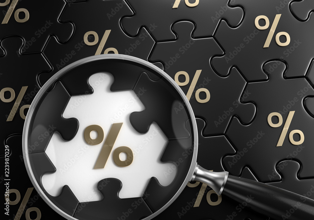 Poster discount search. composition of magnifying glass focusing on percent symbol surrounded by the simila