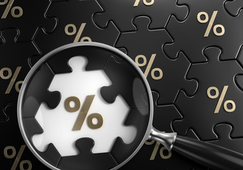 Discount Search. Composition of magnifying glass focusing on percent symbol surrounded by the similar signs are each on hexagonal piece of assembled black colored jigsaw puzzle. 3d rendering graphics.
